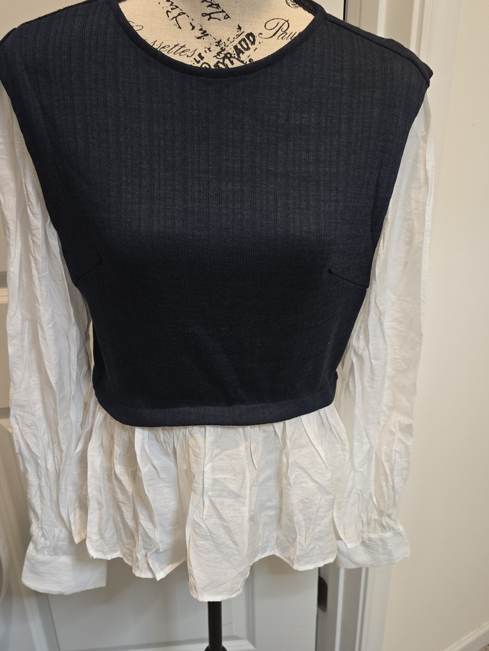 Commense Black Ribbed Layered Top with White Peplum Sleeves